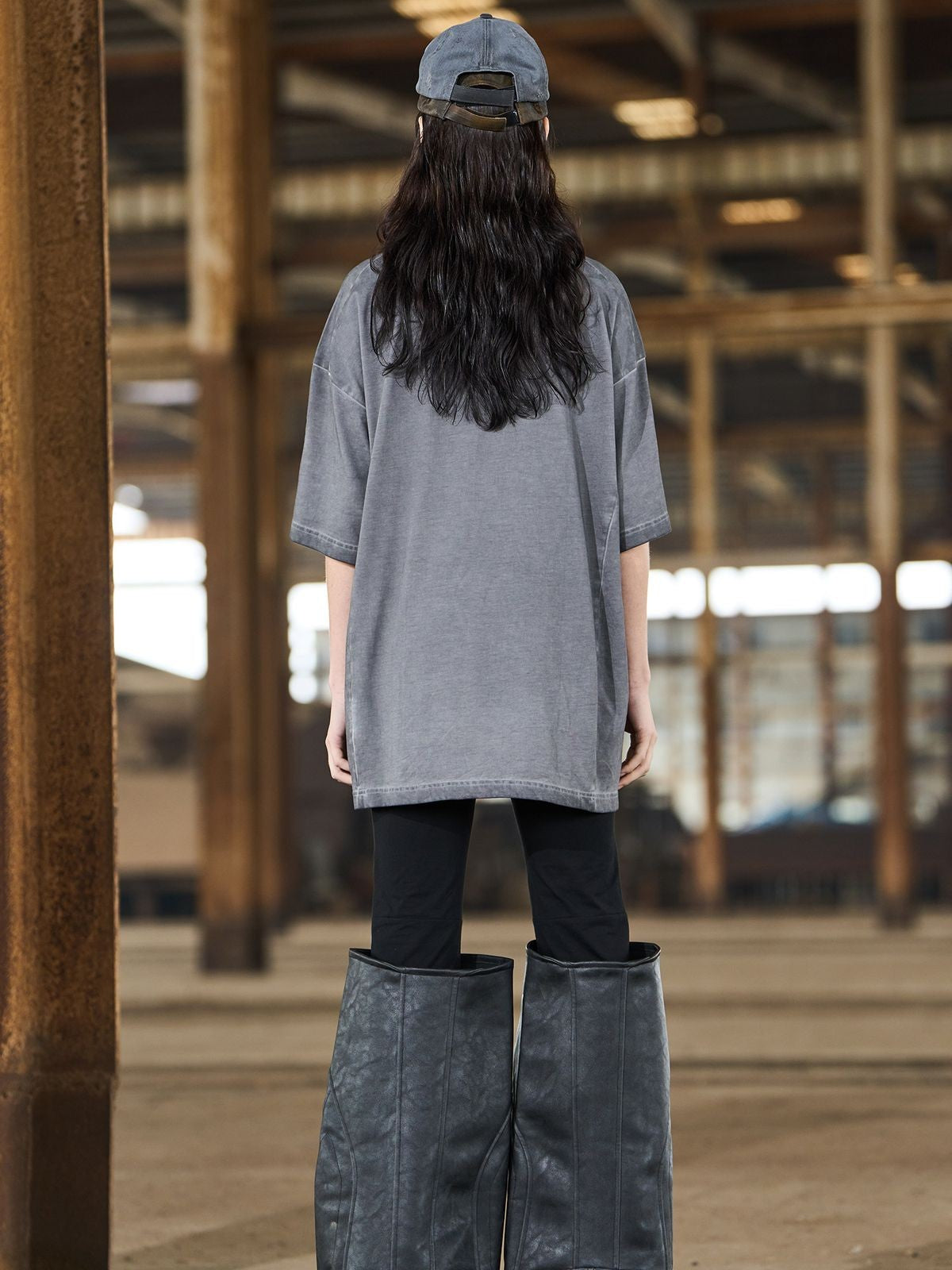 BLINDNOPLAN Distressed Embroidered Cotton Tee in Gray - On Model