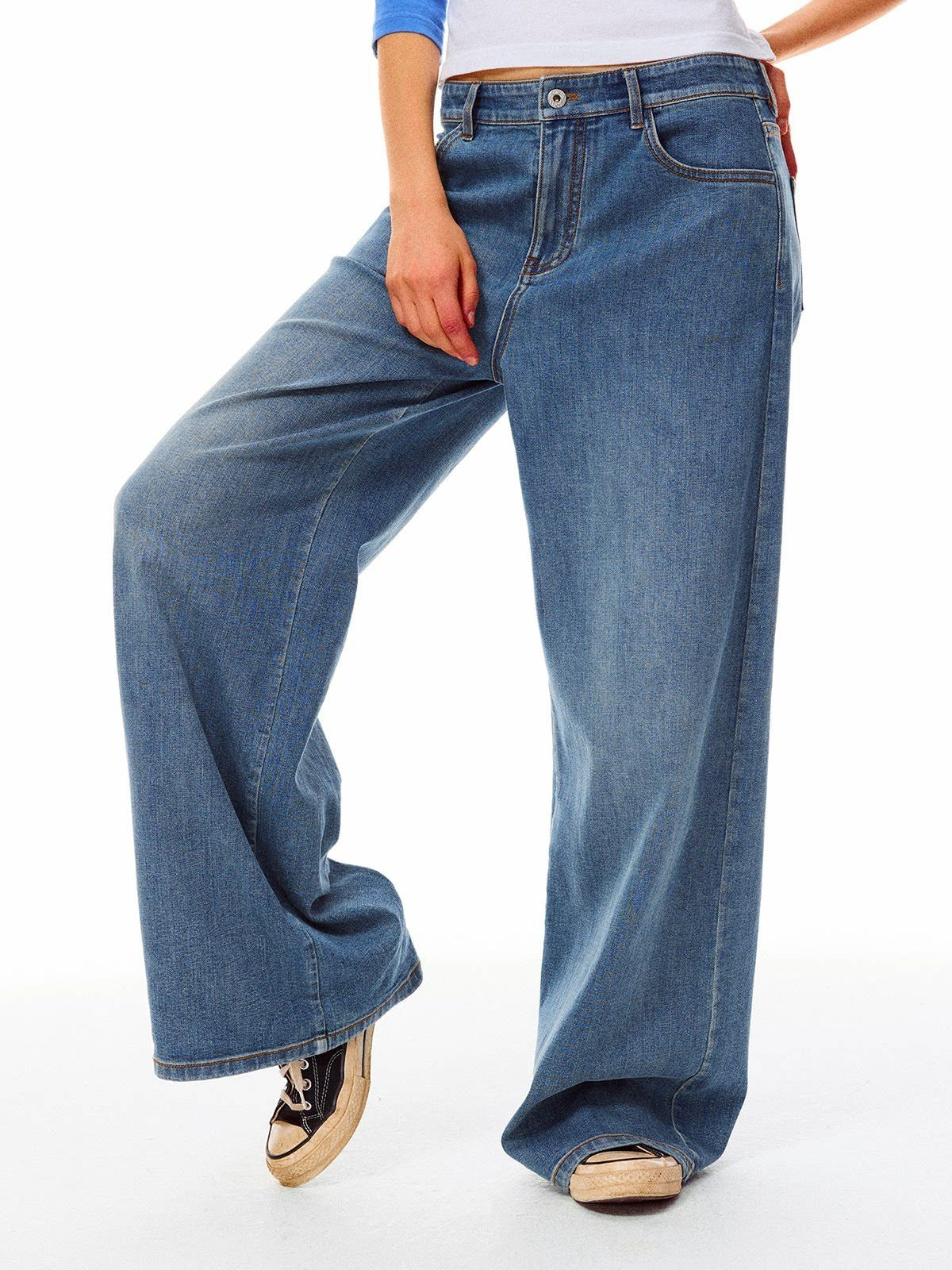 Alright Then Mid Rise Wide Leg Jeans in Blue - On Model