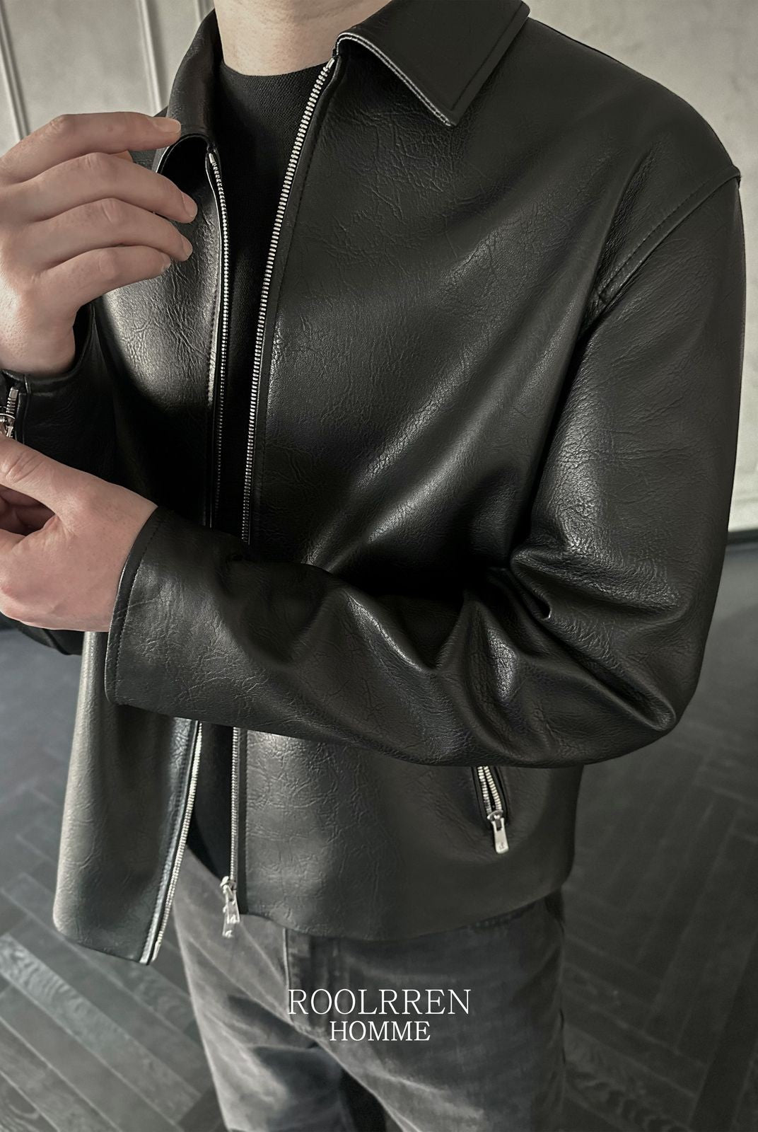 Roolrren Homme Distressed Italian Sheepskin Jacket in Black - On Model