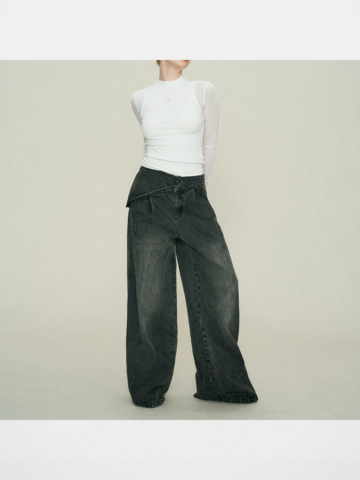 Amee Asymmetrical Waist Wide Leg Jeans in Black - On Model