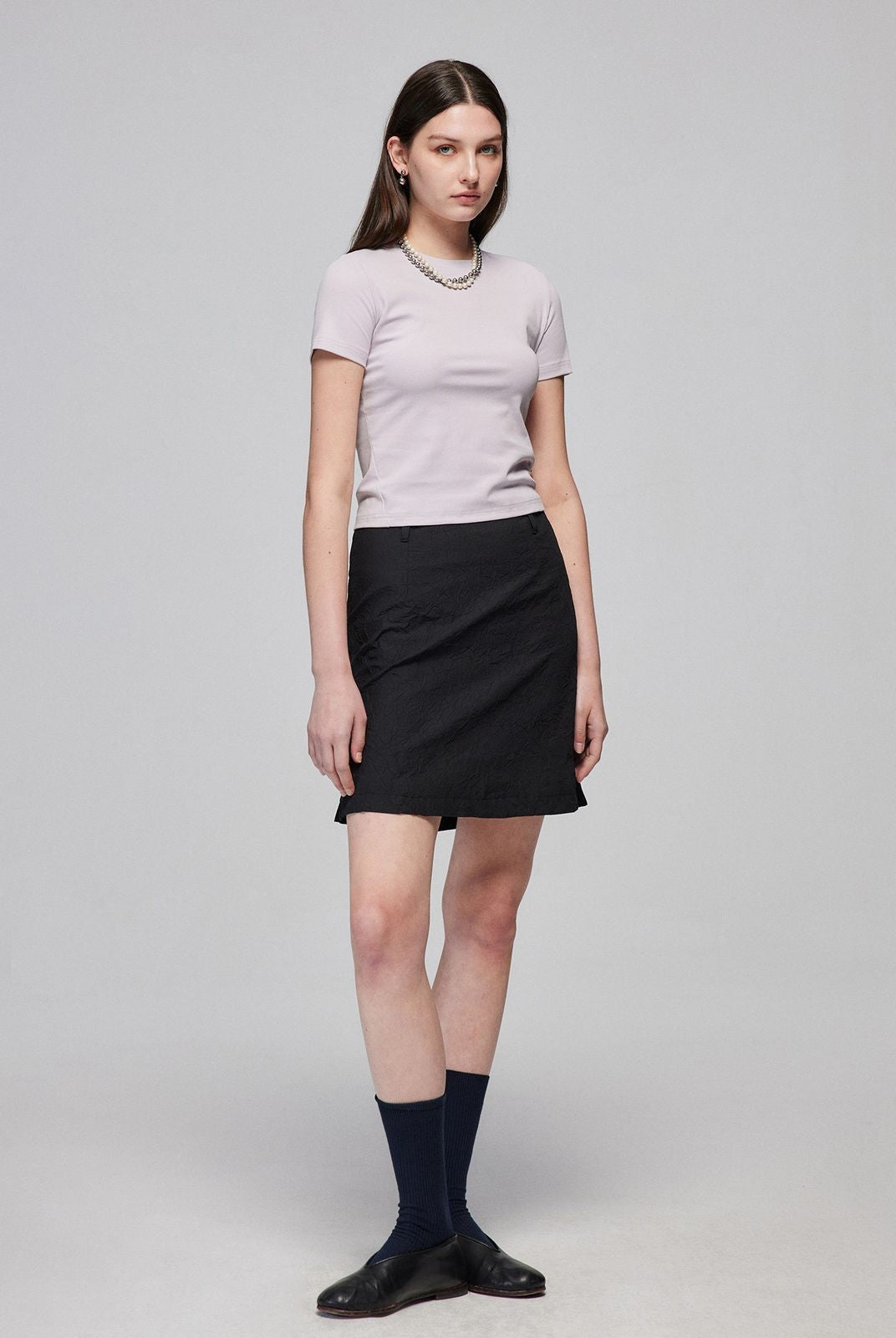 Simple Project Crinkled Texture Micro Flare Mini Skirt in Black - On Model