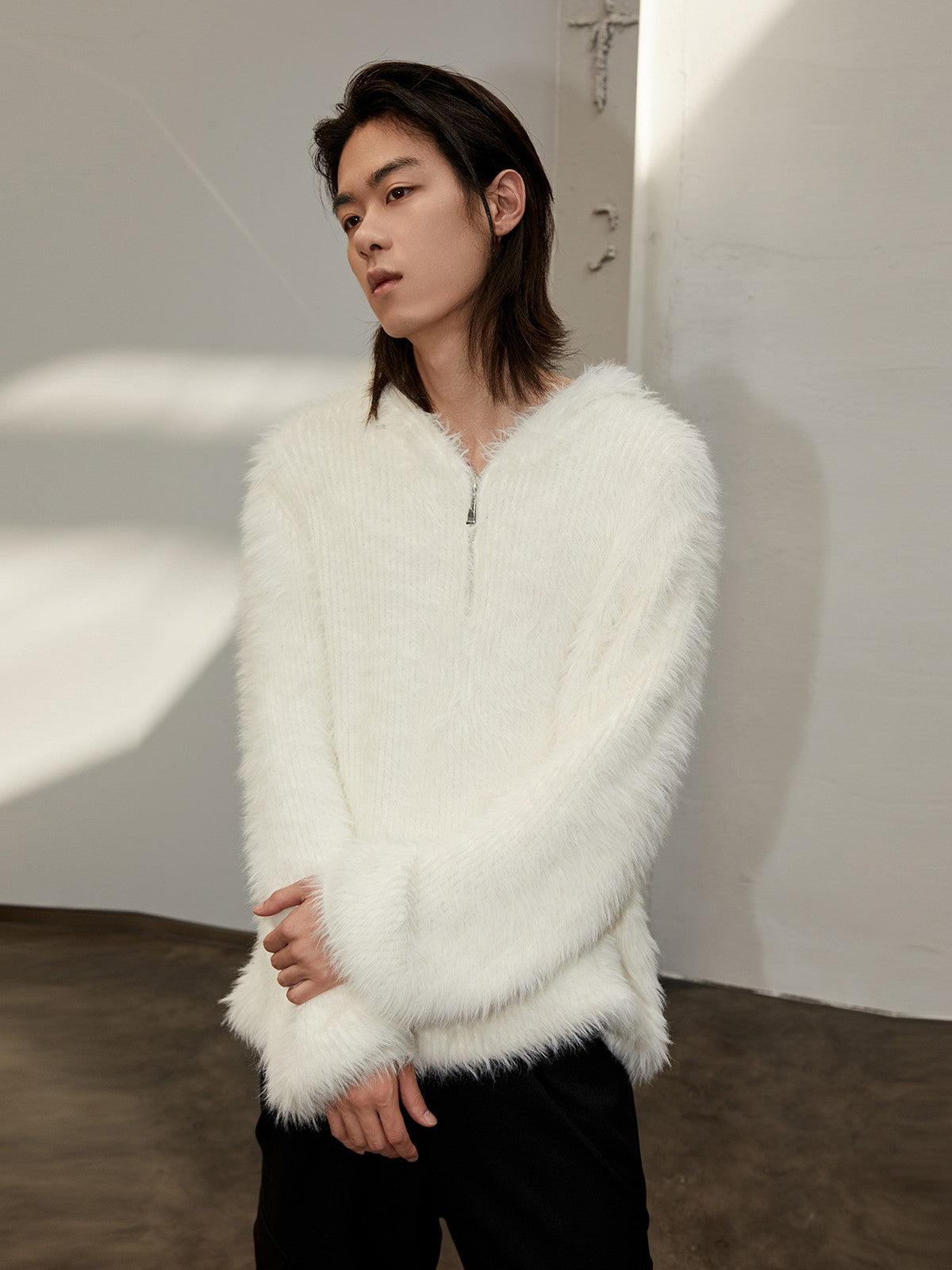 Y OFFICIAL Faux Mink Half Zip Hoodie in White - On Male Model