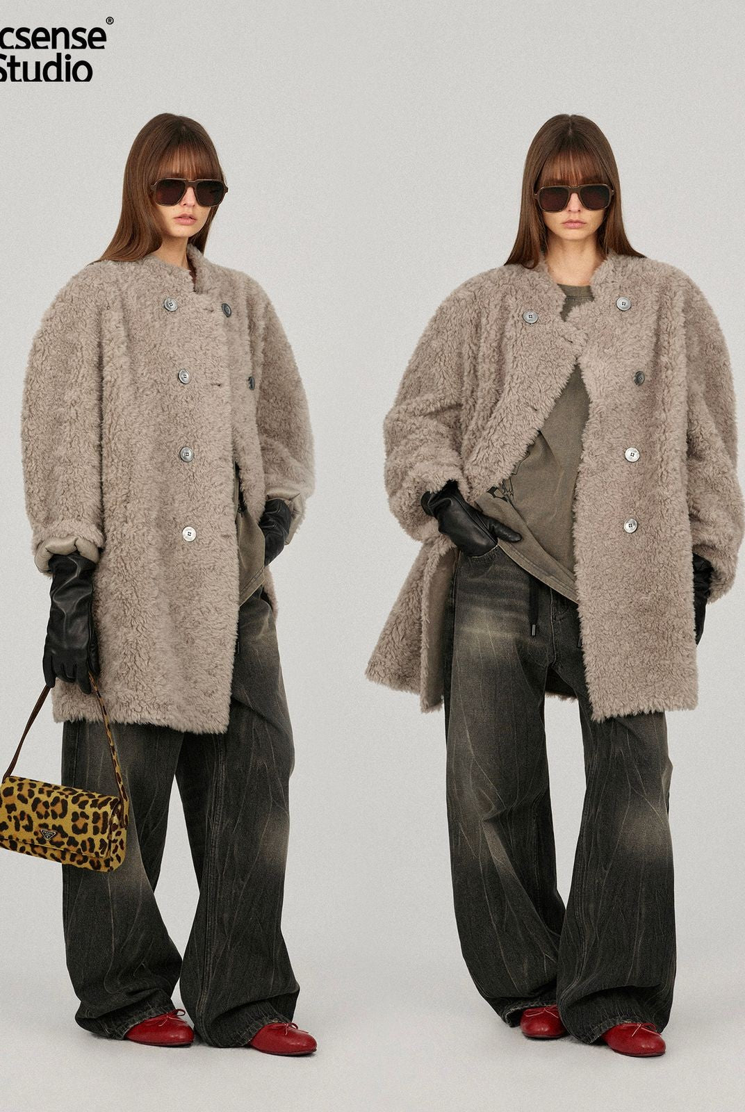 ACSENSE STUDIO Double Breasted Sheep Wool Coat in Beige - On Model