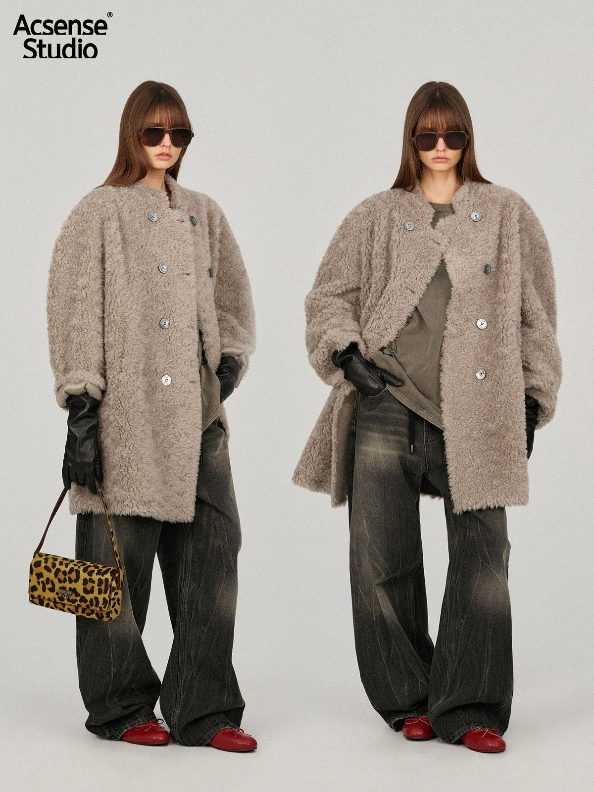 ACSENSE STUDIO Double Breasted Sheep Wool Coat in Beige - On Model