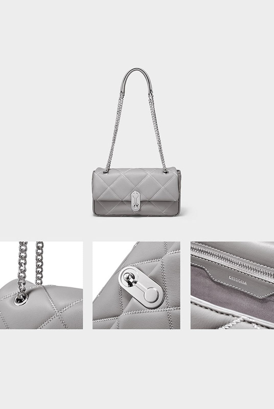 DISSONA Quilted Leather Chain Shoulder Bag in Gray