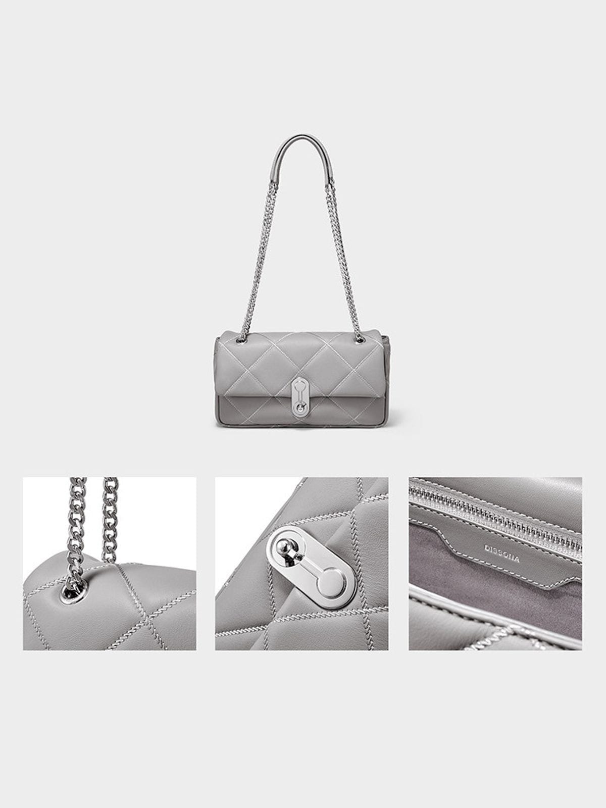 DISSONA Quilted Leather Chain Shoulder Bag in Gray