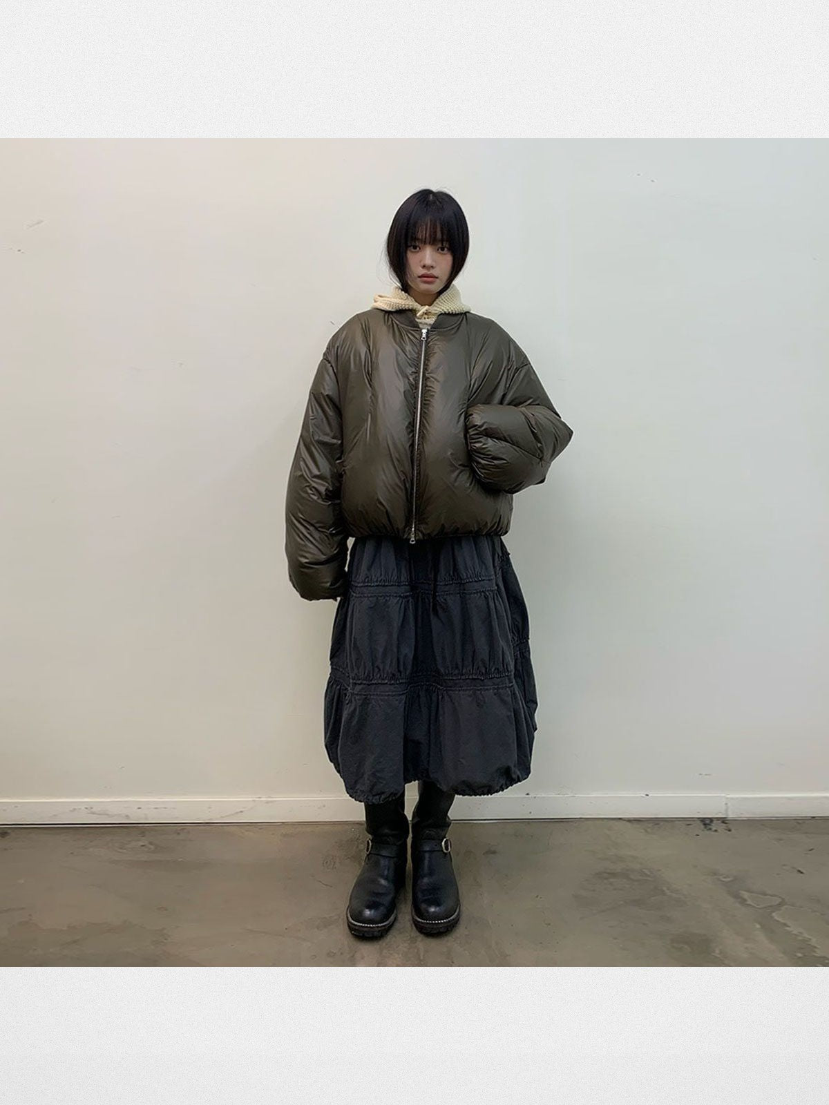 NeverSeez 90 Down Ruched Sleeve Puffer in Olive - On Female Model