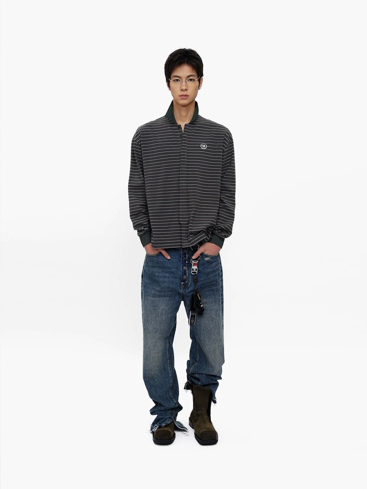 MasonPrince Striped Washed Cotton Cardigan in Green - On Male Model