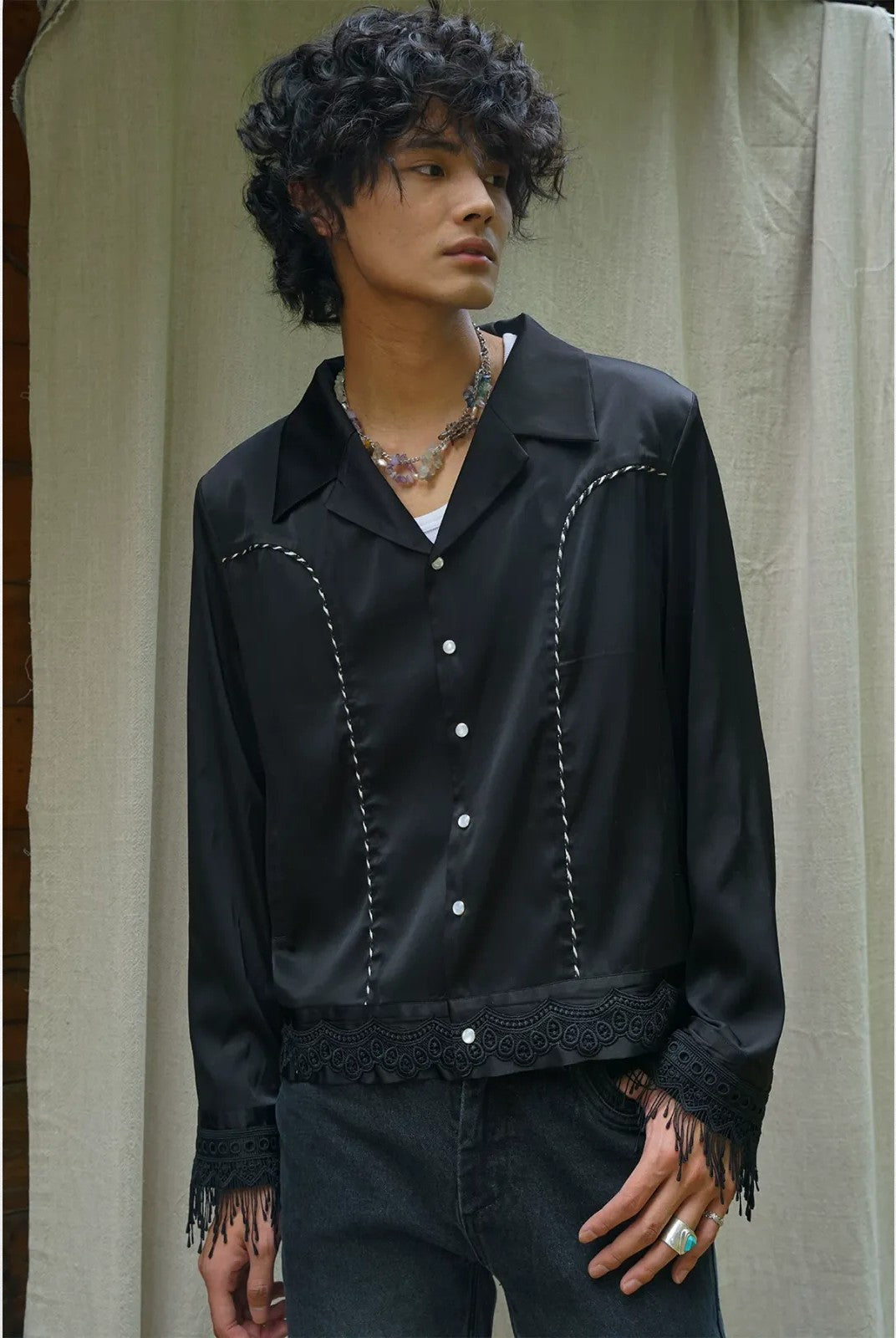 Retro 21 Lace Tassel Shirt Jacket in Black - On Model