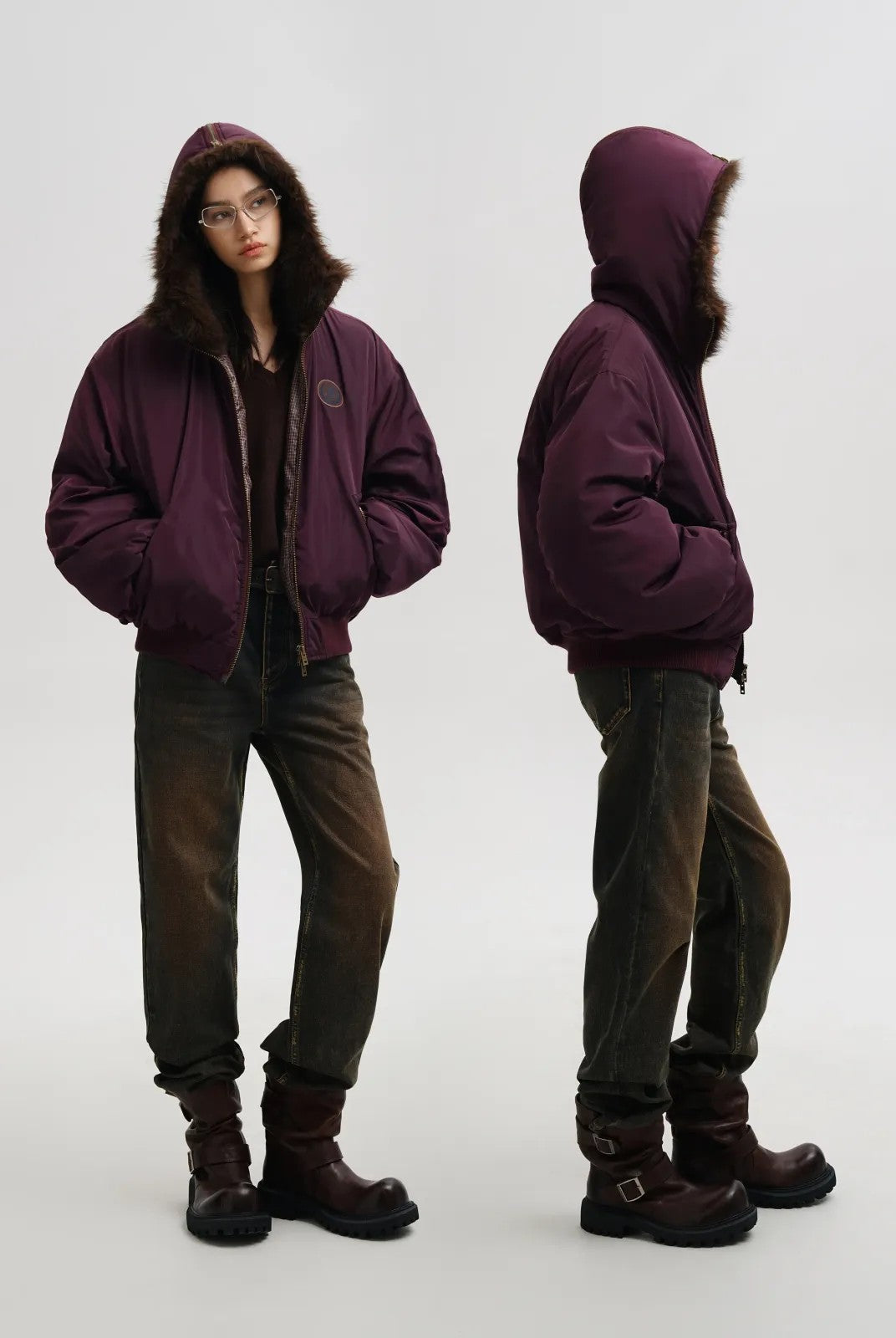 MASONPRINCE Faux Fur Hooded Puffer Bomber in Burgundy - On Female Model#color_burgundy