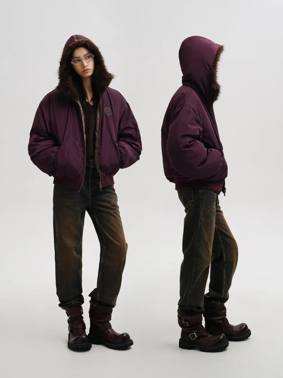 MASONPRINCE Faux Fur Hooded Puffer Bomber in Burgundy - On Female Model