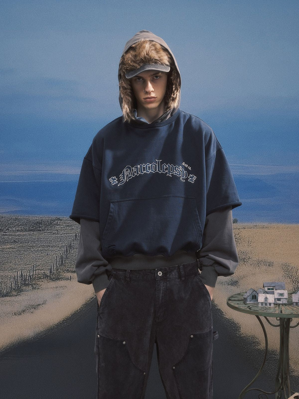 SOD Distressed Layered Effect Hoodie in Blue - On Model