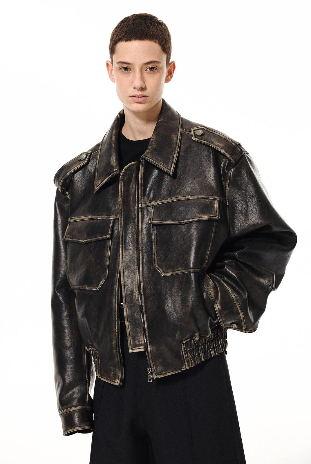 UNKNOWNWORLD Distressed Padded Eco Leather Jacket in Black - On Model