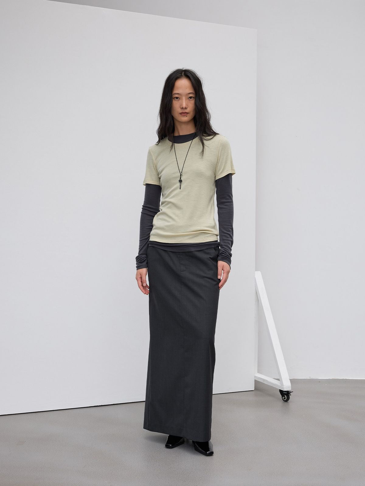 RandomPiece Lambswool Scoop Neck Tee in Beige - On Model