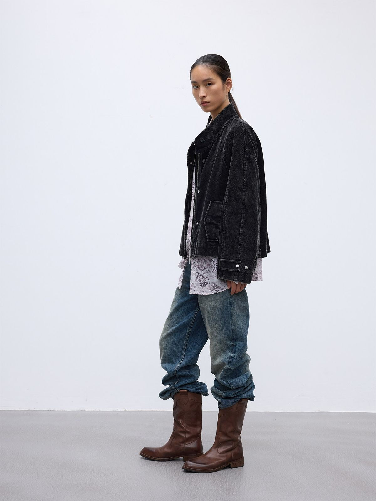 RandomPiece Distressed Corduroy Raglan Jacket in Black - On Model