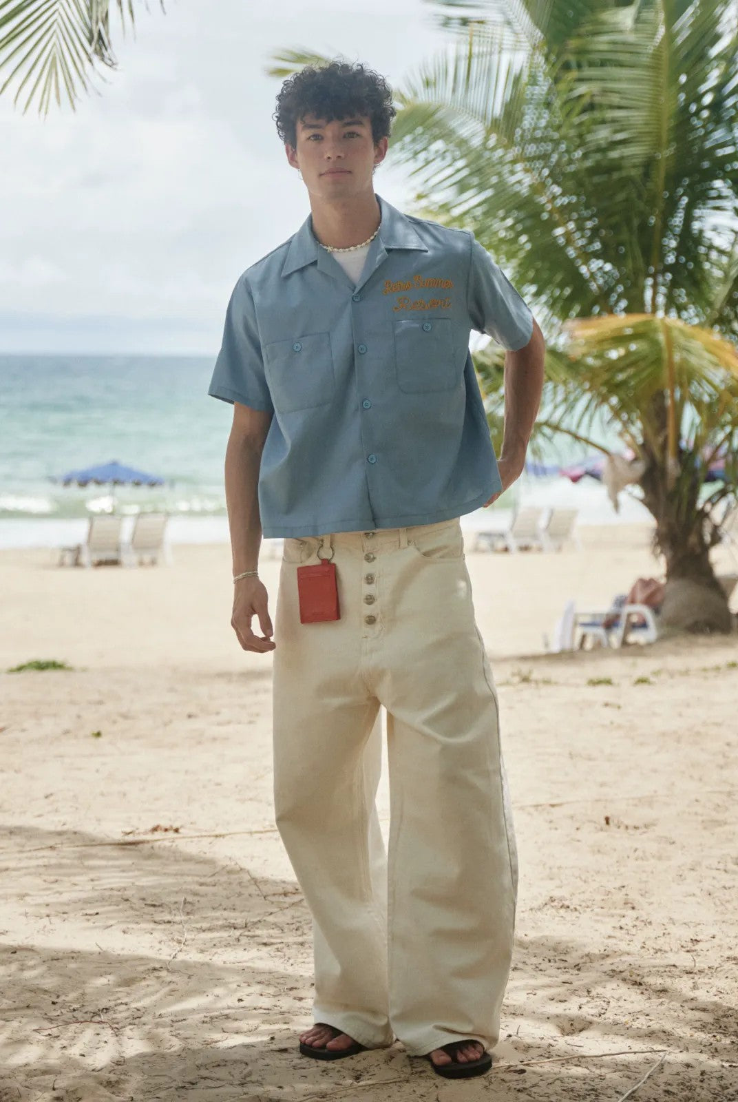 Retro 21 Chenille Embroidered Camp Collar Shirt in Blue - On Model