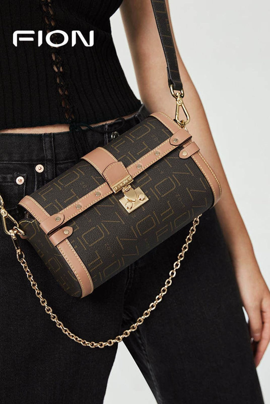 FION Coated Canvas Lock Clasp Boston Bag in Brown - On Female Model