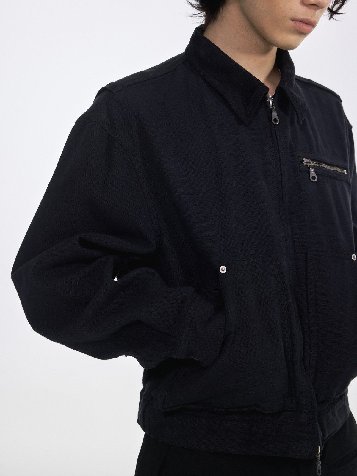 AFterTaste Washed Pearl Canvas Cropped Jacket in Navy - On Model