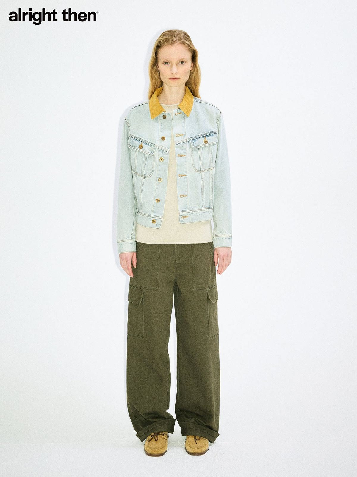 alright then Corduroy Collar Denim Jacket in Blue - On Model