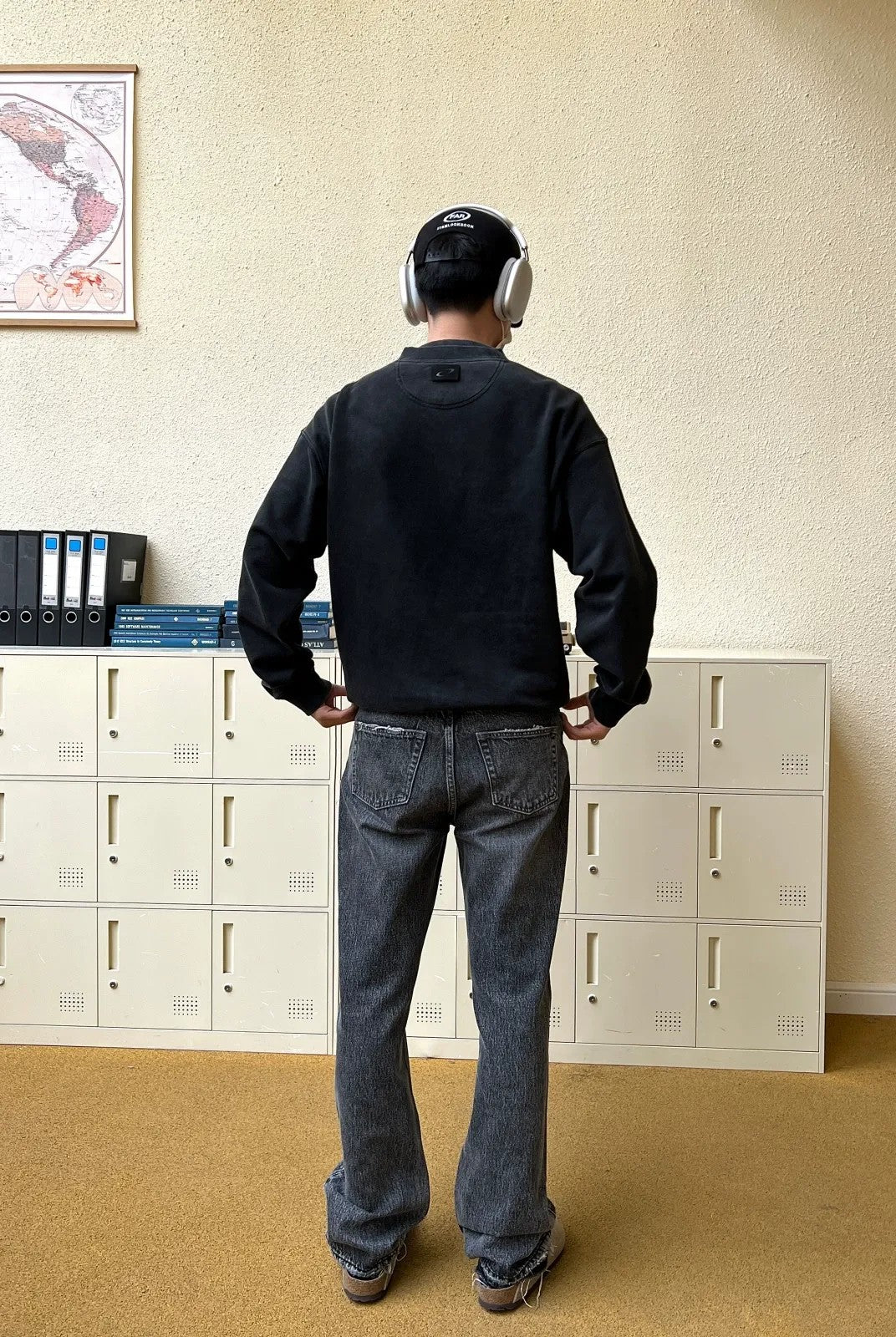 VLABMADE Distressed Washed Straight Leg Jeans in Black - On Model