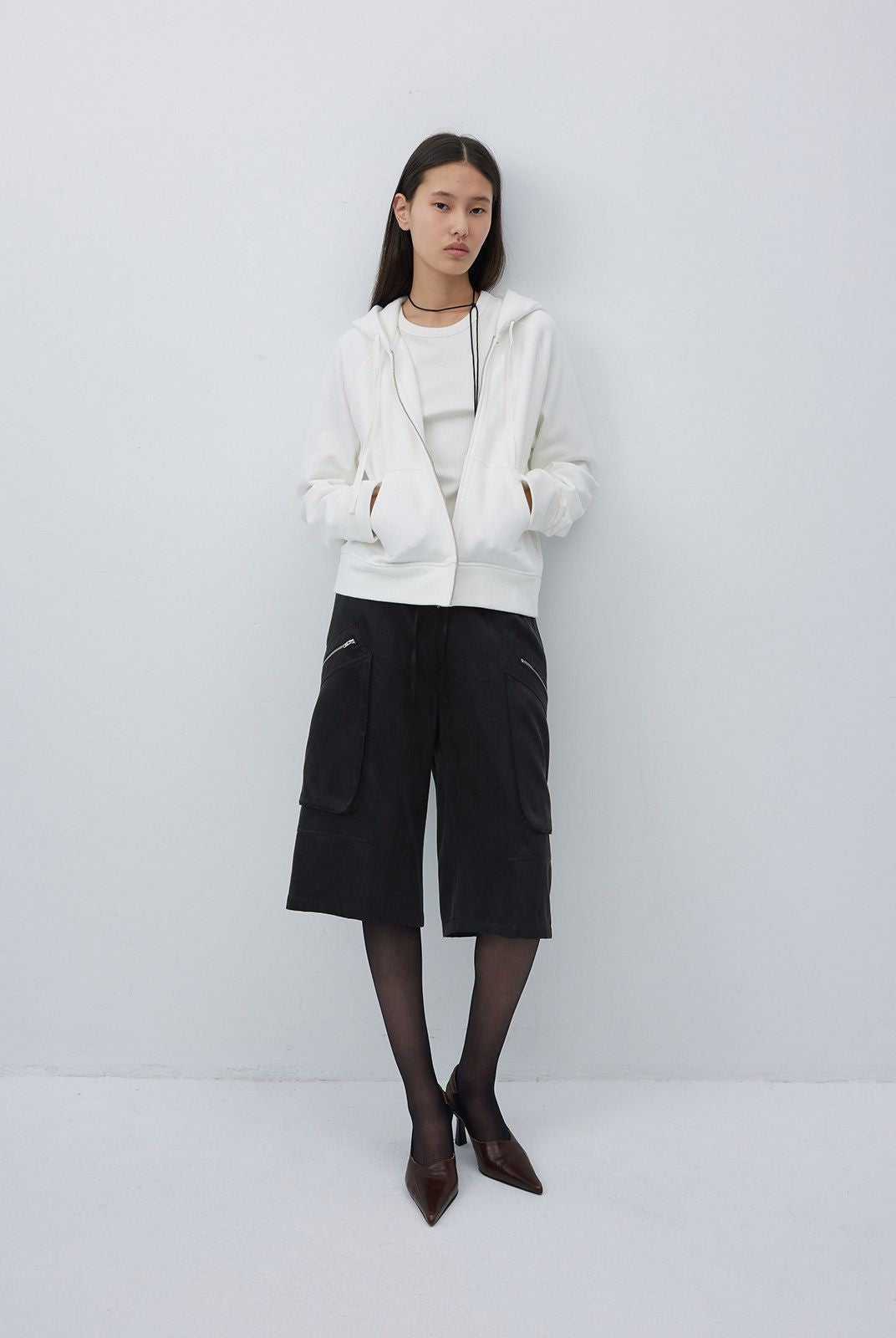 RandomPiece Cropped Cotton Zip Up Hoodie in White - On Model