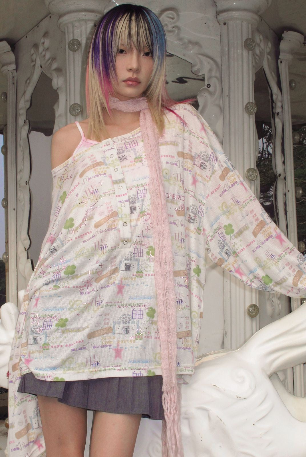 CFIERCE Rhinestone Blessing Print Henley in Off-White