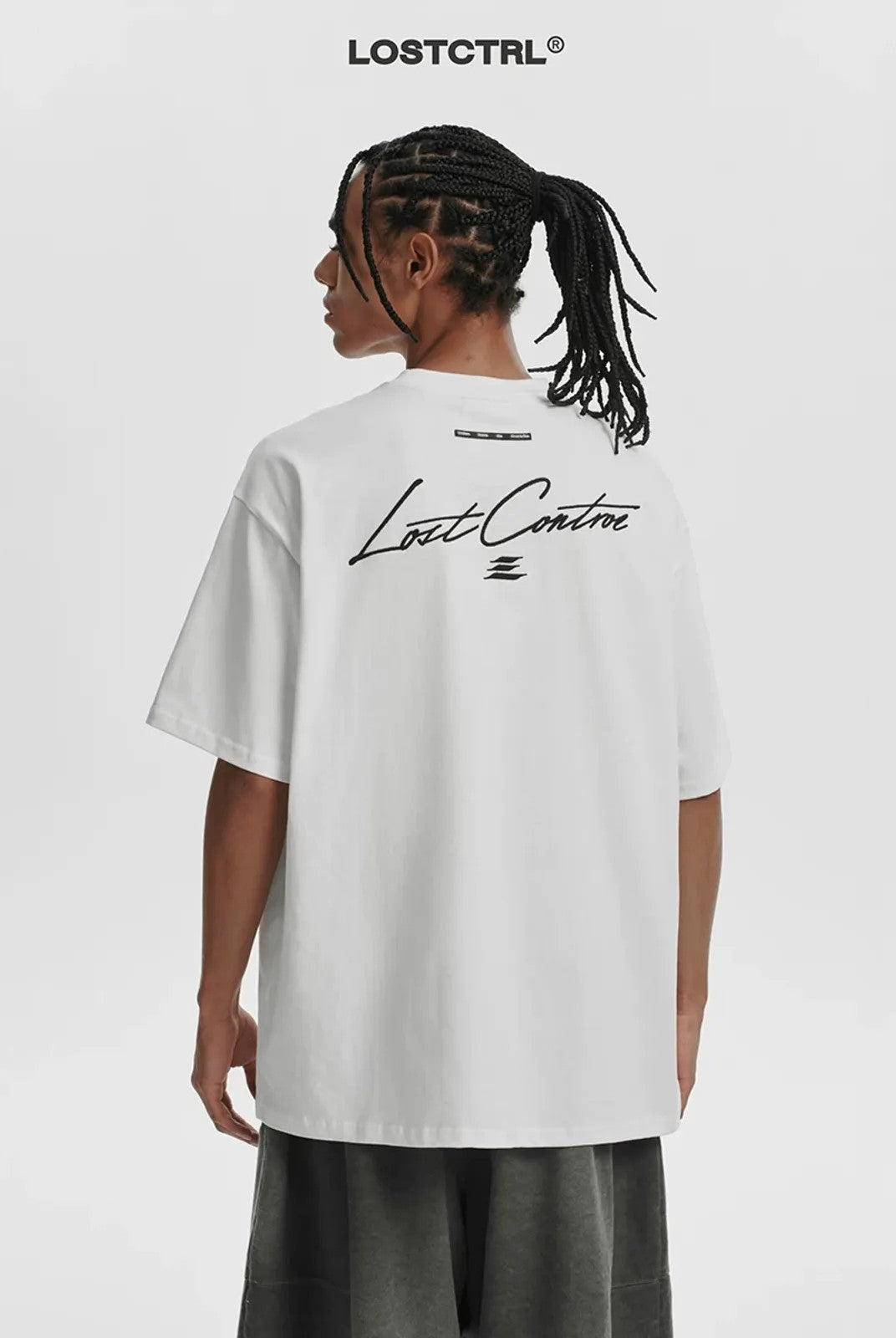 LOSTCTRL Handwritten 3D Embroidery T Shirt in White - On Model
