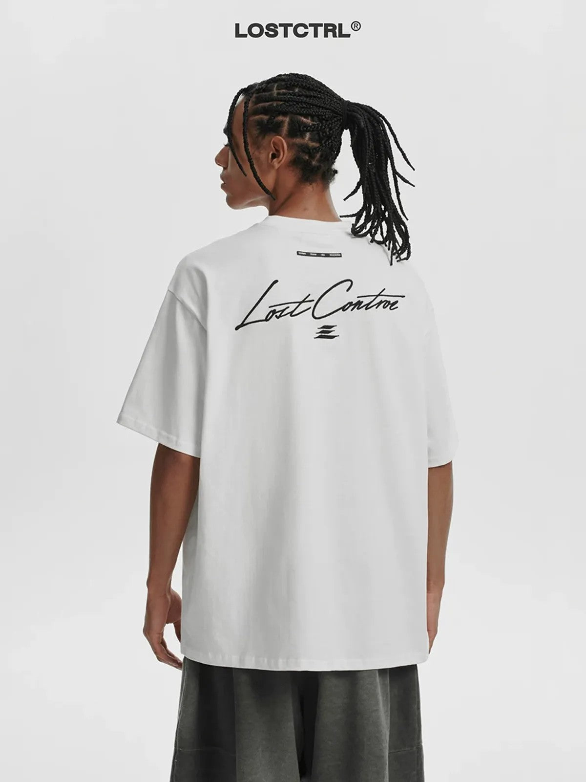 LOSTCTRL Handwritten 3D Embroidery T Shirt in White - On Model