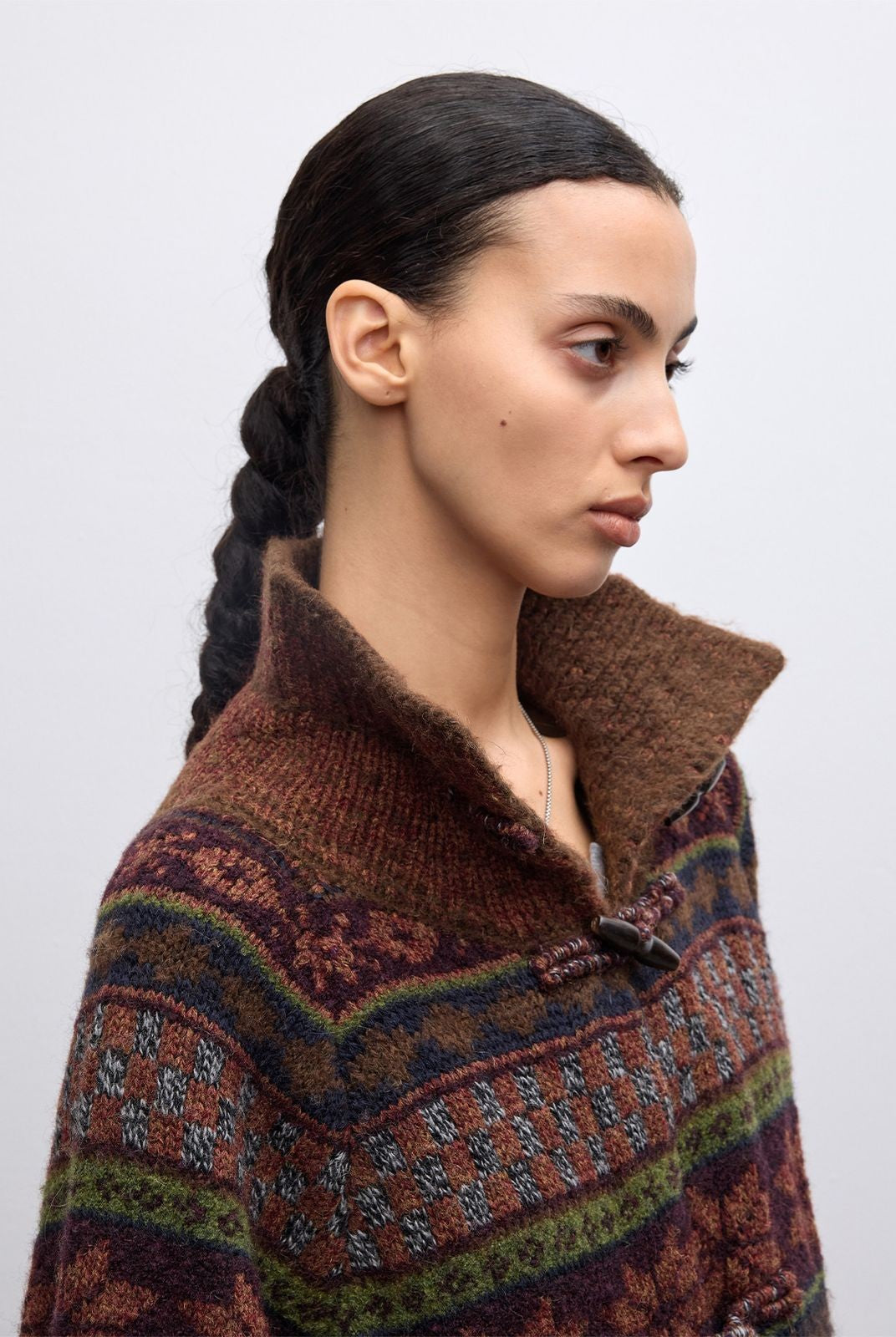 RandomPiece Fair Isle Wool Blend Toggle Coat in Brown - On Model