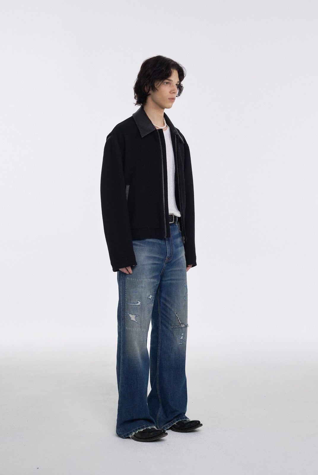 AFterTaste Hand Stitched Micro Flare Jeans in Blue - On Model