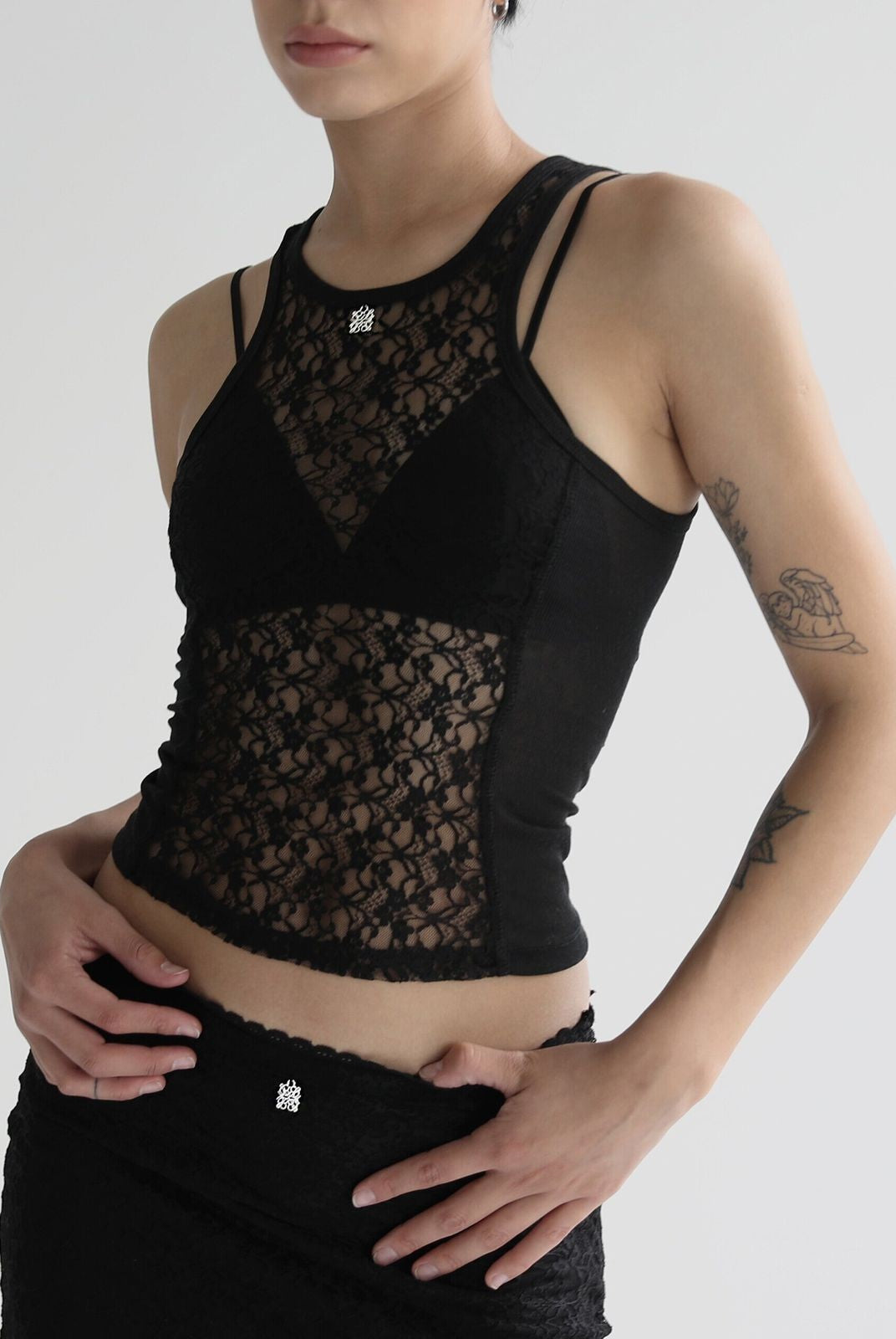 BADSEED Sheer Floral Lace Tank Top in Black - On Model