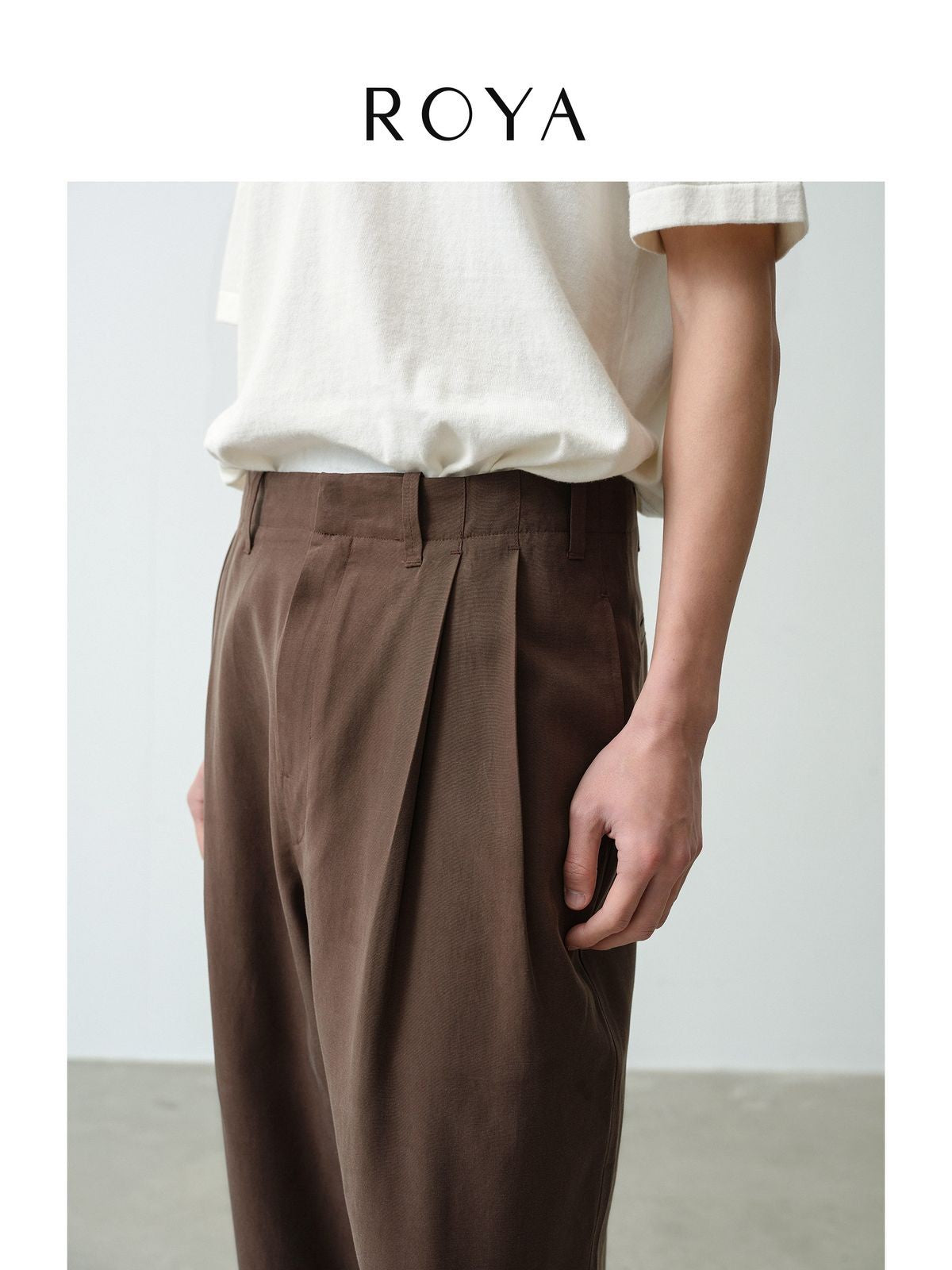ROYA Double Pleated Tencel Linen Trousers in Coffee - On Model