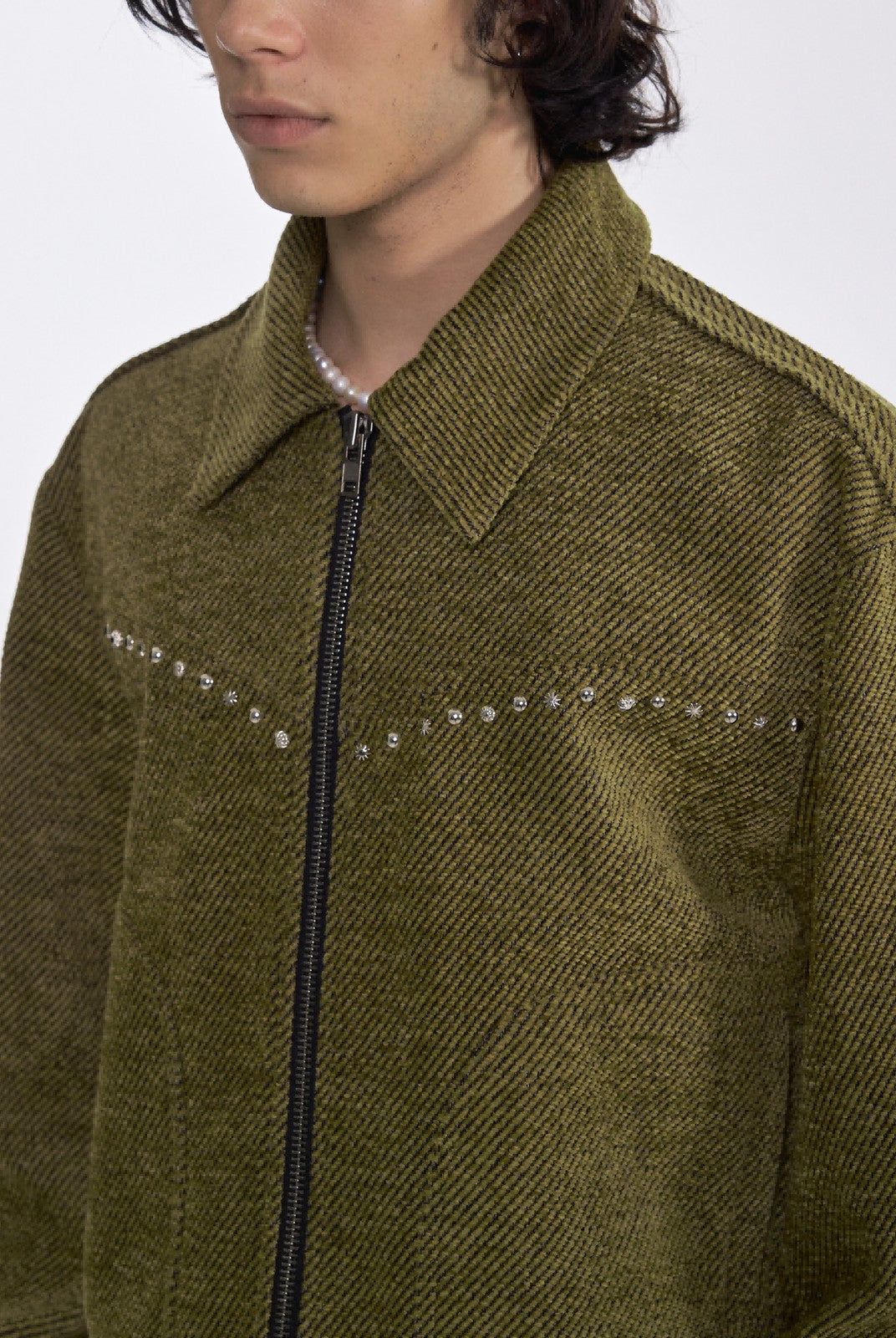 AFterTaste Studded Wool Blend Zip Jacket in Olive - On Model