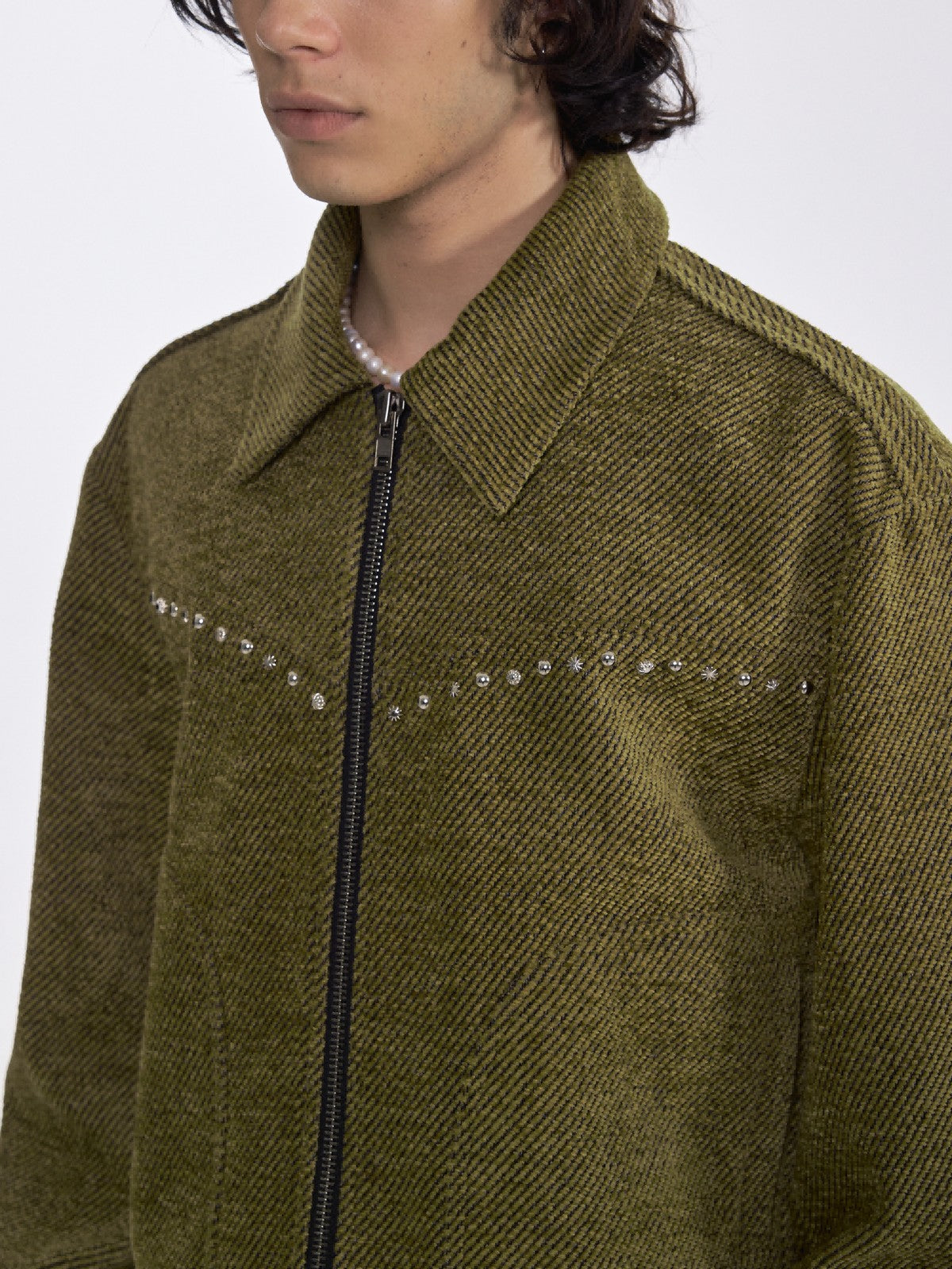 AFterTaste Studded Wool Blend Zip Jacket in Olive - On Model