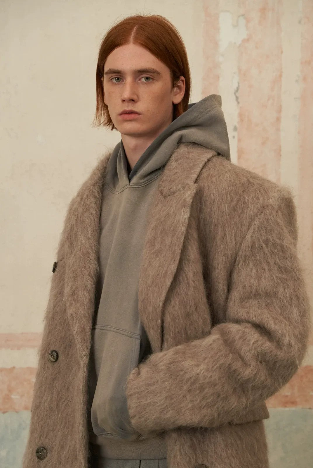 Retro 21 Long Pile Wool Double Breasted Coat in Camel - On Model