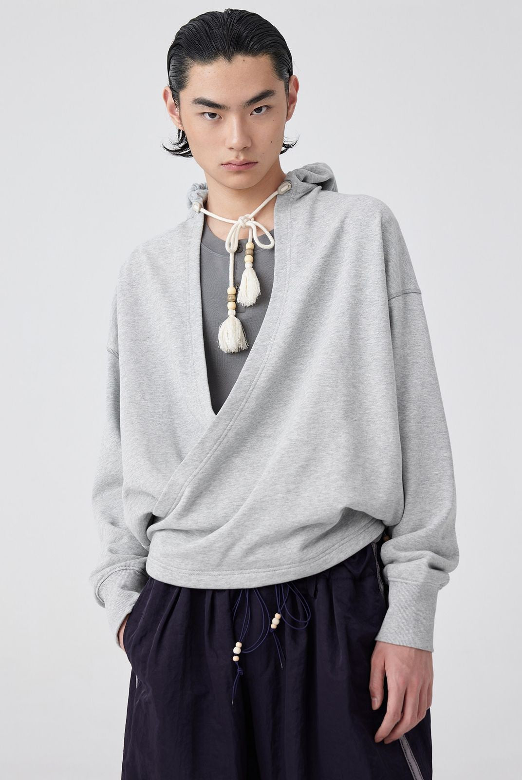 Simple Project Wrap Front Cotton Hoodie in Gray - On Model