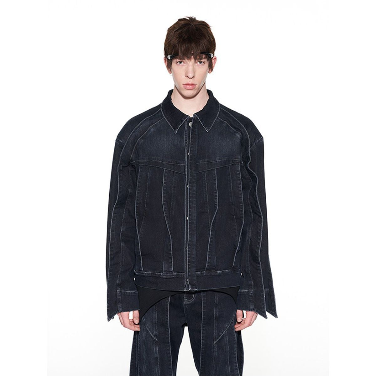 BLINDNOPLAN Twisted Seam Denim Jacket in Gray - On Model