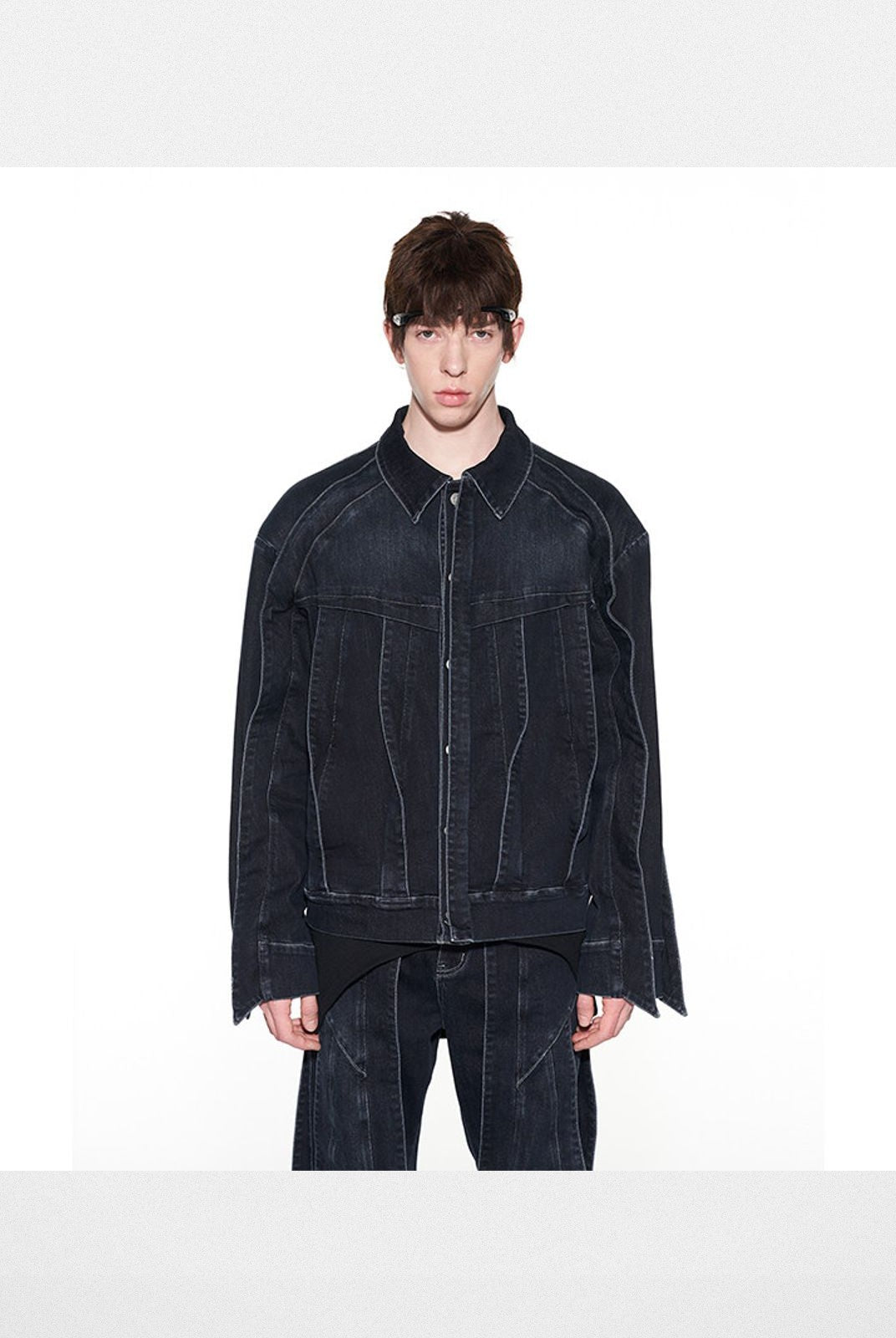 BLINDNOPLAN Twisted Seam Denim Jacket in Gray - On Model