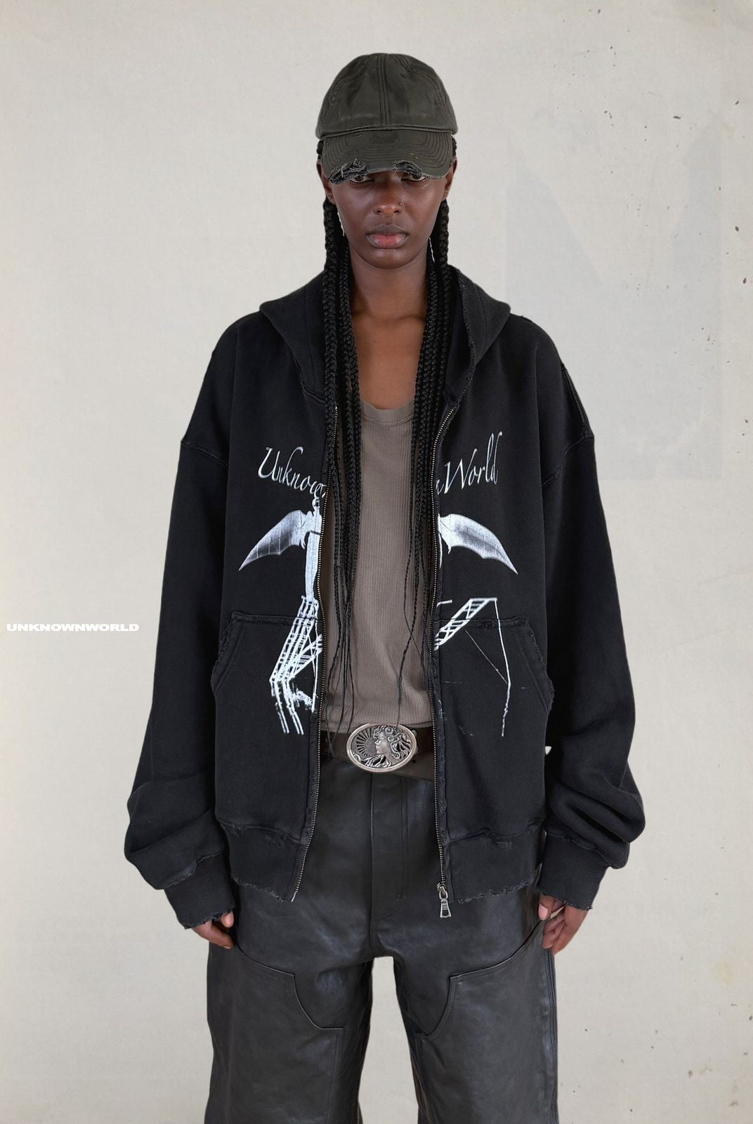 UNKNOWNWORLD Distressed Bat Print Zip Up Hoodie in Black - On Model
