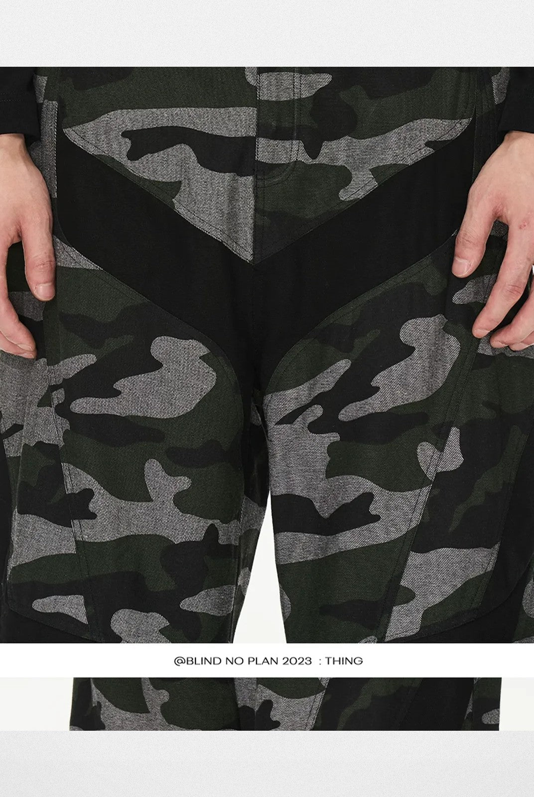 BLINDNOPLAN Spliced Camouflage Pants in Olive - On Model