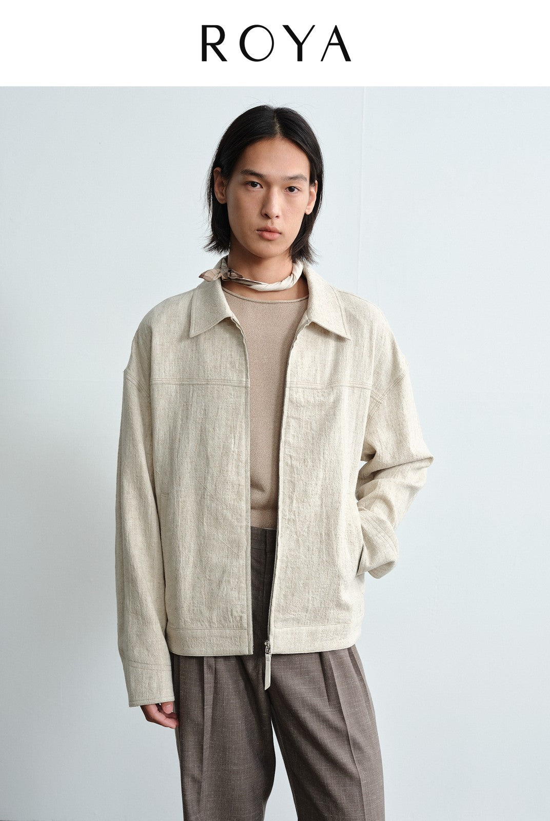 ROYA Oatmeal Textured Ramie Jacket in Oatmeal - On Male Model