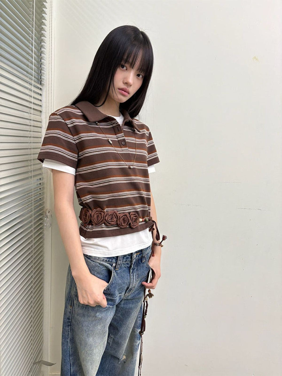 NeverSeez Striped Drawstring Cropped Polo in Brown - On Model