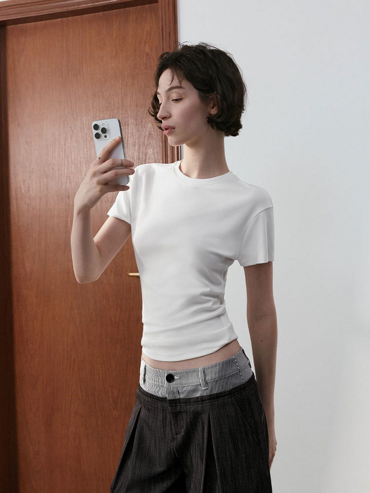 PUKI Structured Shoulder Lyocell Tee in White - Lifestyle