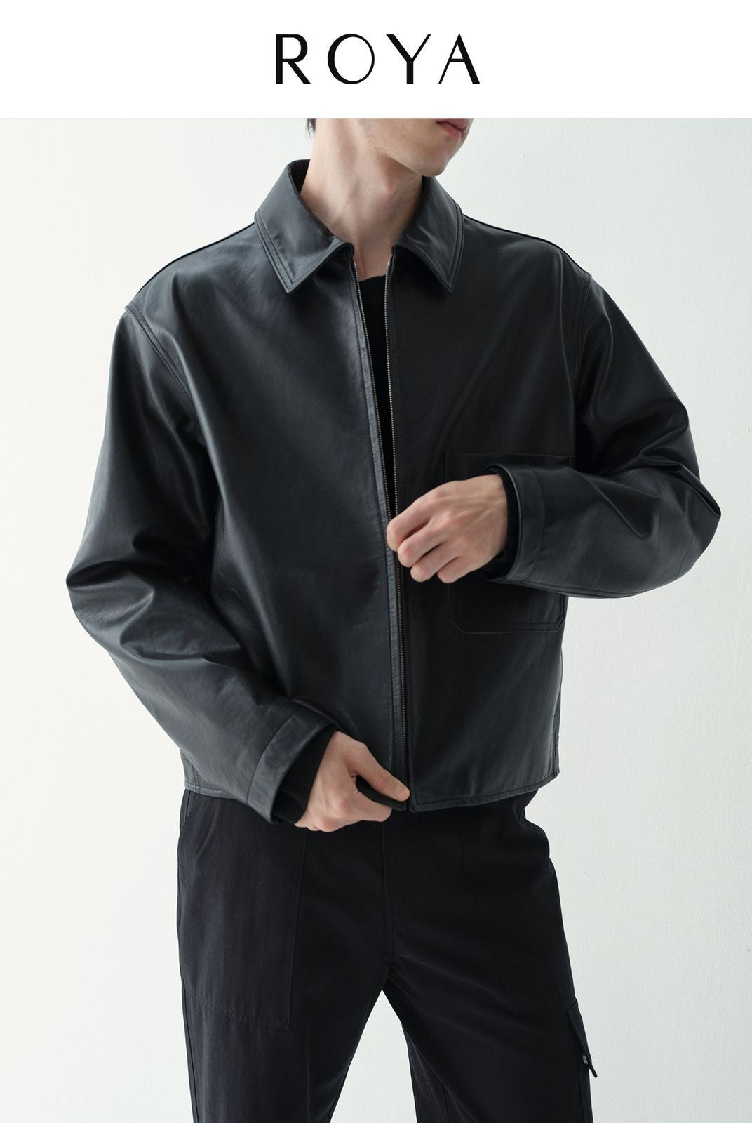 ROYA Calfskin Leather Zip Jacket in Black - On Model