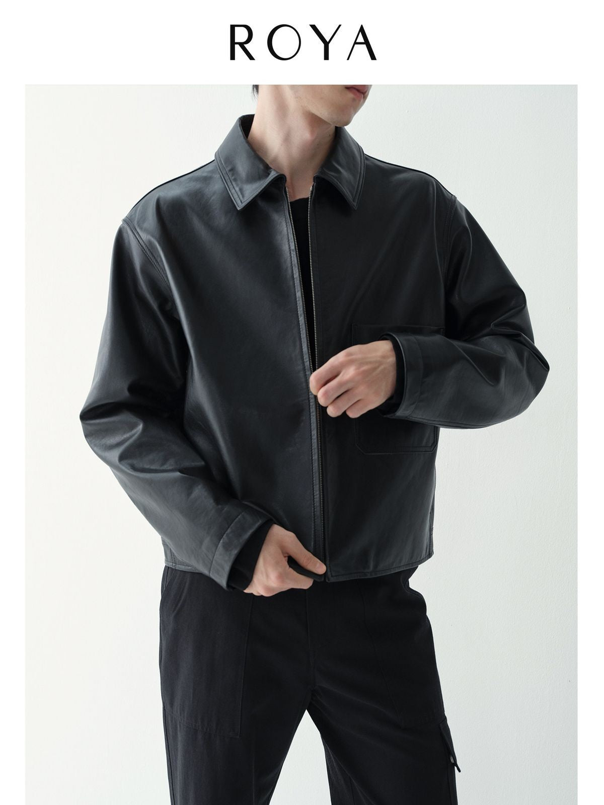 ROYA Calfskin Leather Zip Jacket in Black - On Model