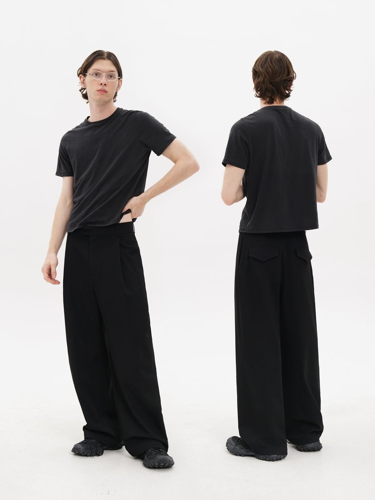 MasonPrince Pleated Wide Leg Suit Trousers in Black - On Model