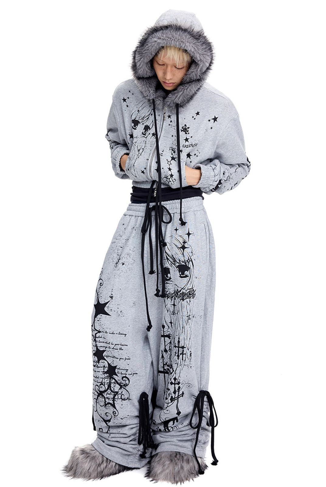 CFIERCE Angel Graffiti Stacked Sweatpants in Gray - On Model