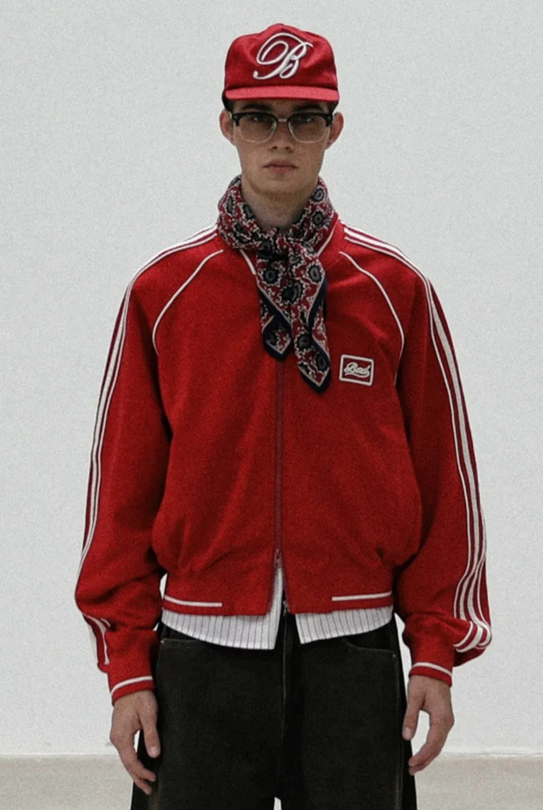 BADSEED Side Stripe Cotton Bomber Jacket in Red - On Model