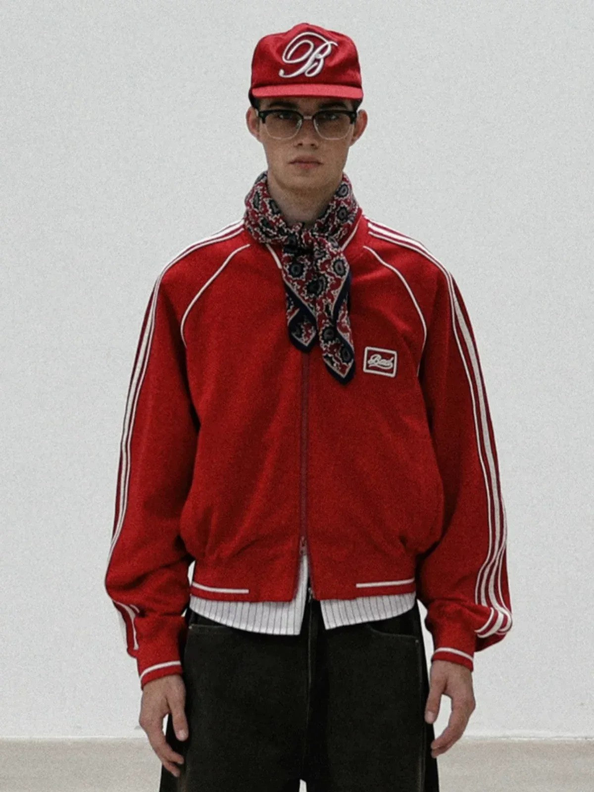 BADSEED Side Stripe Cotton Bomber Jacket in Red - On Model