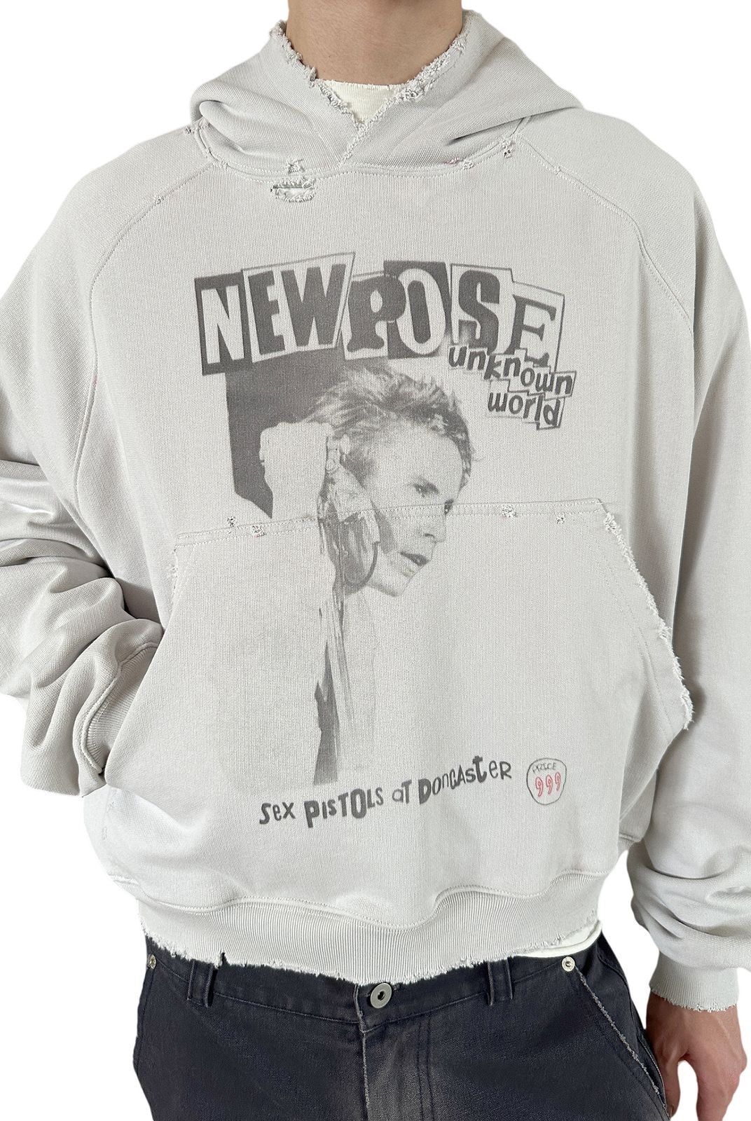 UNKNOWNWORLD Distressed Punk Print Hoodie in Gray - On Model